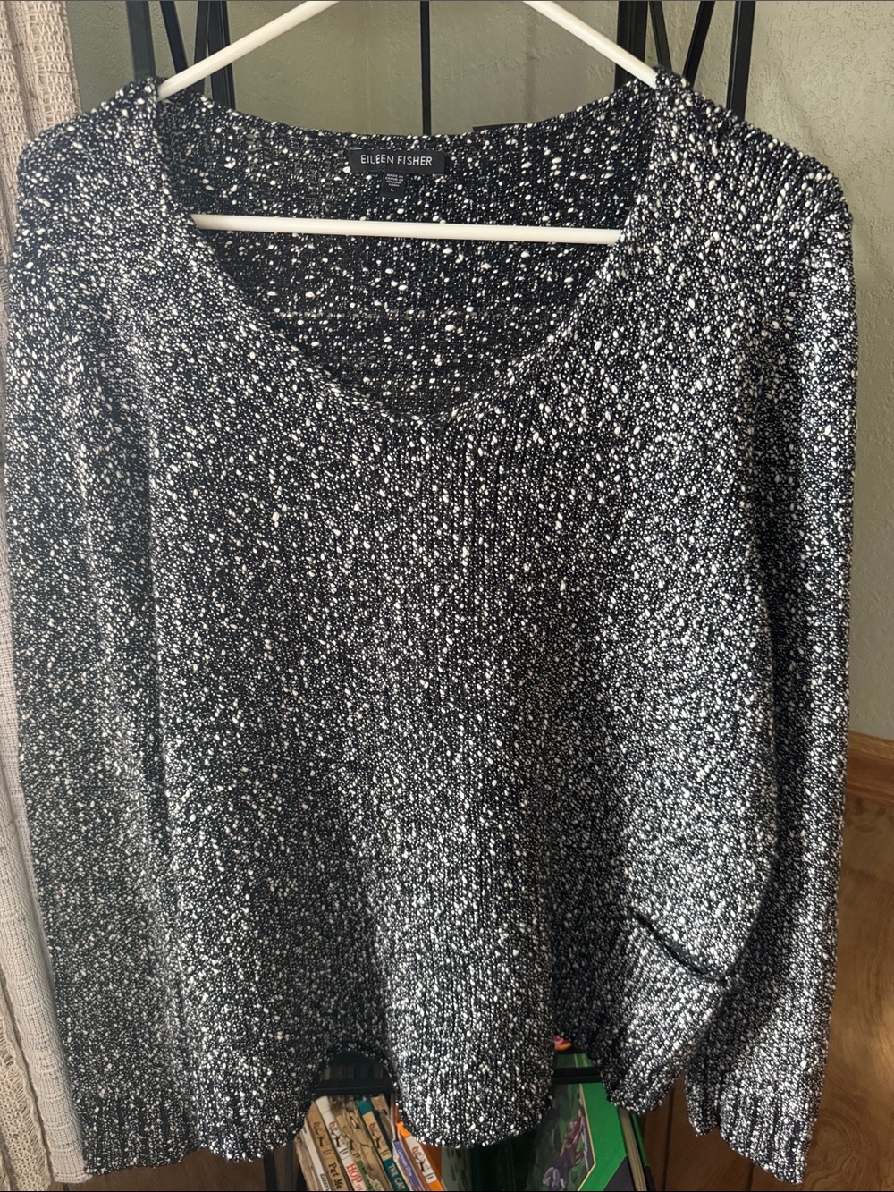 Eileen Fisher Black and White Marled Scoop Neck Sweater